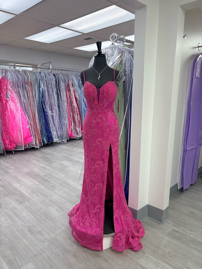 Jovani D6024 Fuchsia Beaded Spaghetti-Strap Evening Gown